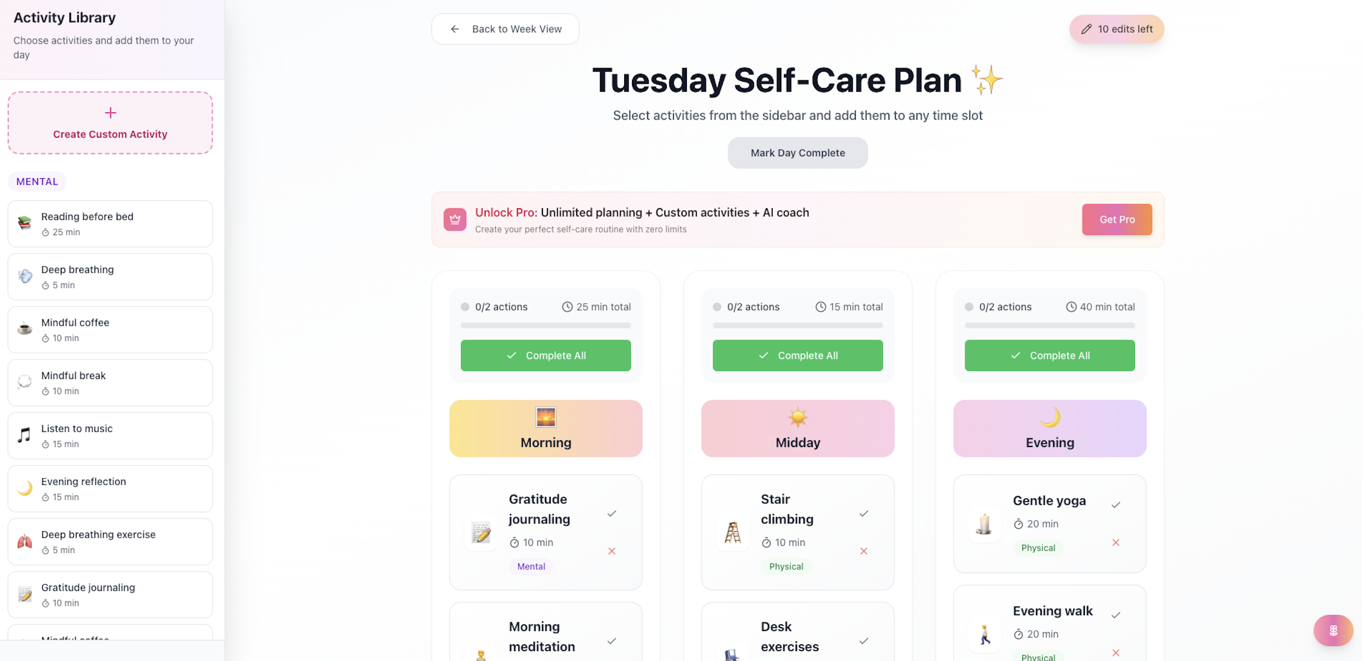 Interface Bloom - Planificateur de self-care pour mardi